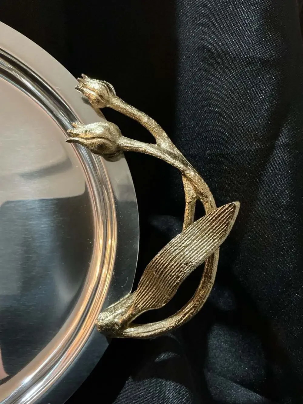 INDE Stainless Steel Oval Serving Tray with Gold Floral Branch Handles